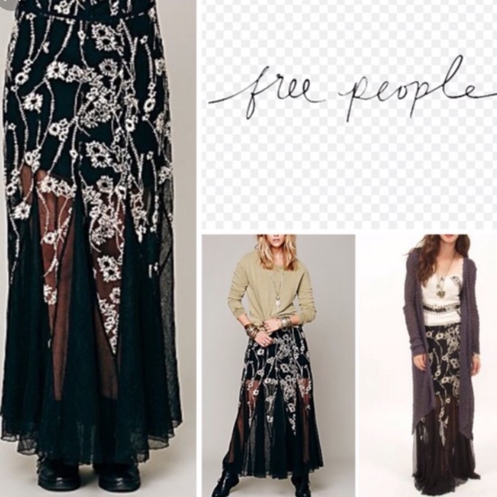 Free People Black Maxi Skirt w Flower Embroidery